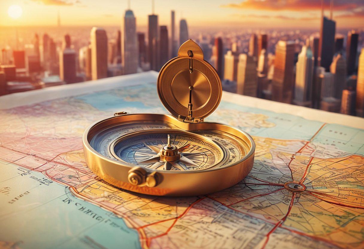 A heart-shaped compass positioned on a vintage map, symbolizing the journey from love to career. Surrounding the compass are illustrations of diverse professionals embracing their passions, with soft, warm colors conveying emotion. In the background, skyscrapers rise, blending romance with ambition. The sky transitions from sunset to dawn, representing change and new beginnings. vibrant colors. 3D.