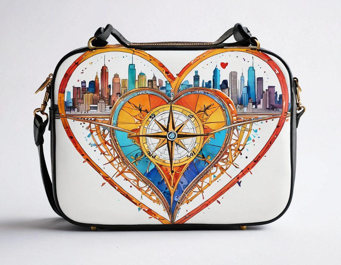 A heart-shaped compass entwined with a briefcase, symbolizing the balance between love and career. In the background, a vibrant city skyline with people walking hand in hand, showcasing connections. Soft, warm colors to evoke a sense of warmth and positivity. Include subtle heart motifs floating in the air. super-realistic. vibrant colors. white background.